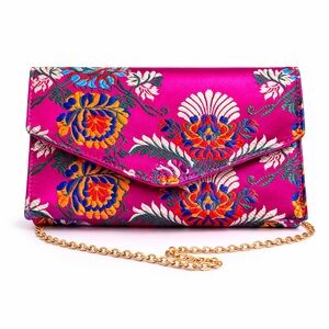 Magenta Floral Embroidered Satin Envelope Clutch with Gold Chain